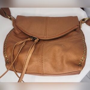 The Sak Boho Leather Crossbody Bag Tan Studded Flap Purse Adjustable Strap